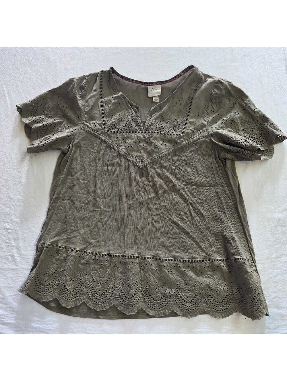 Knox Rose Womens Shirt Large Short Sleeve V Neck Olive Green Floral Crochet